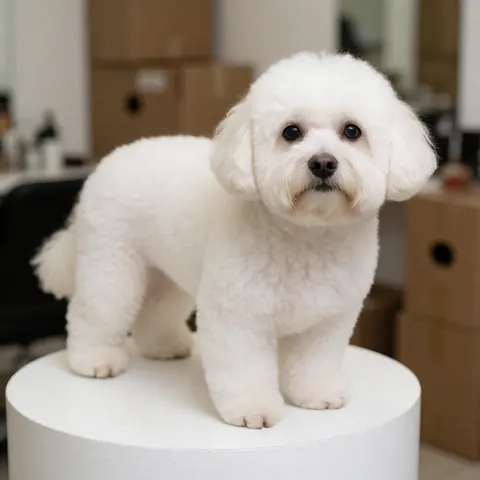 A white dog freshly groomed standing on a white pedestal in a dog grooming salon.