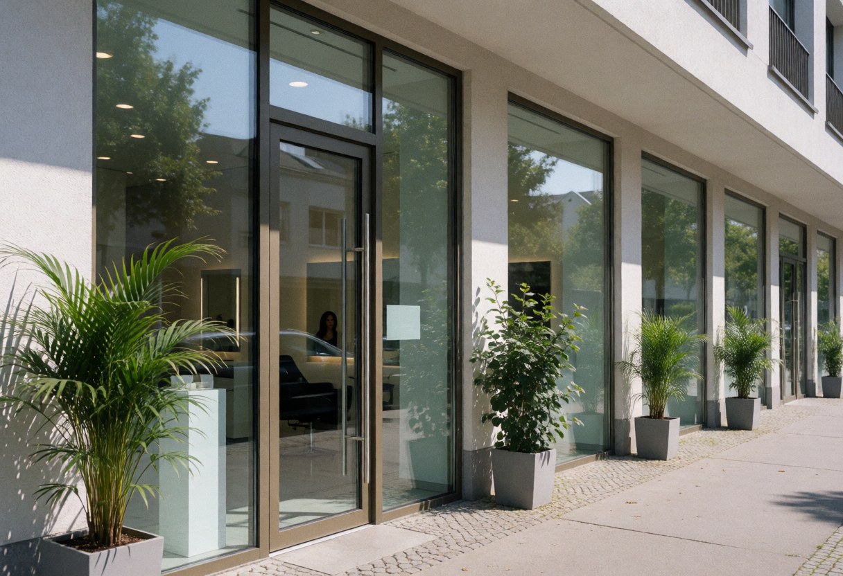 Exterior view of a contemporary beauty salon featuring large glass windows, green plants, and minimalist architectural design