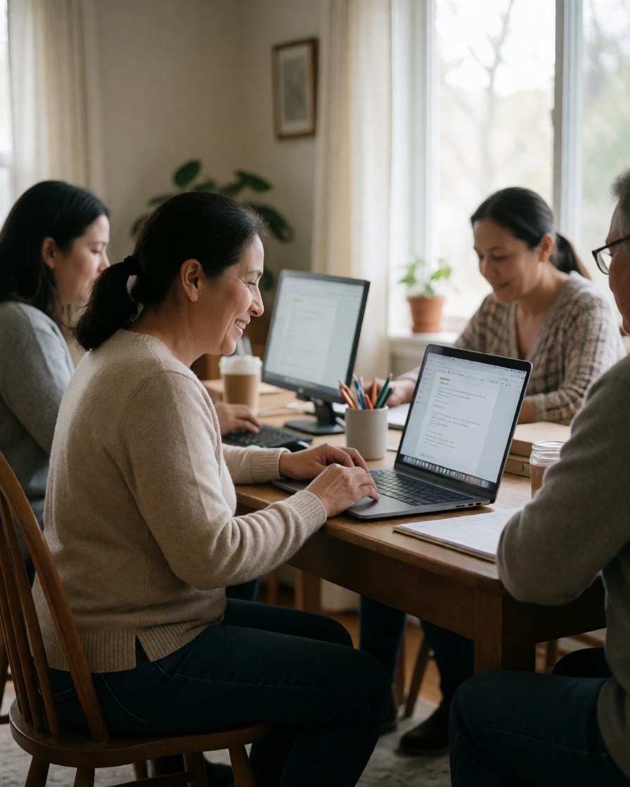 Four people collaborating on laptops at a wooden table with natural light and plants in a remote work setting