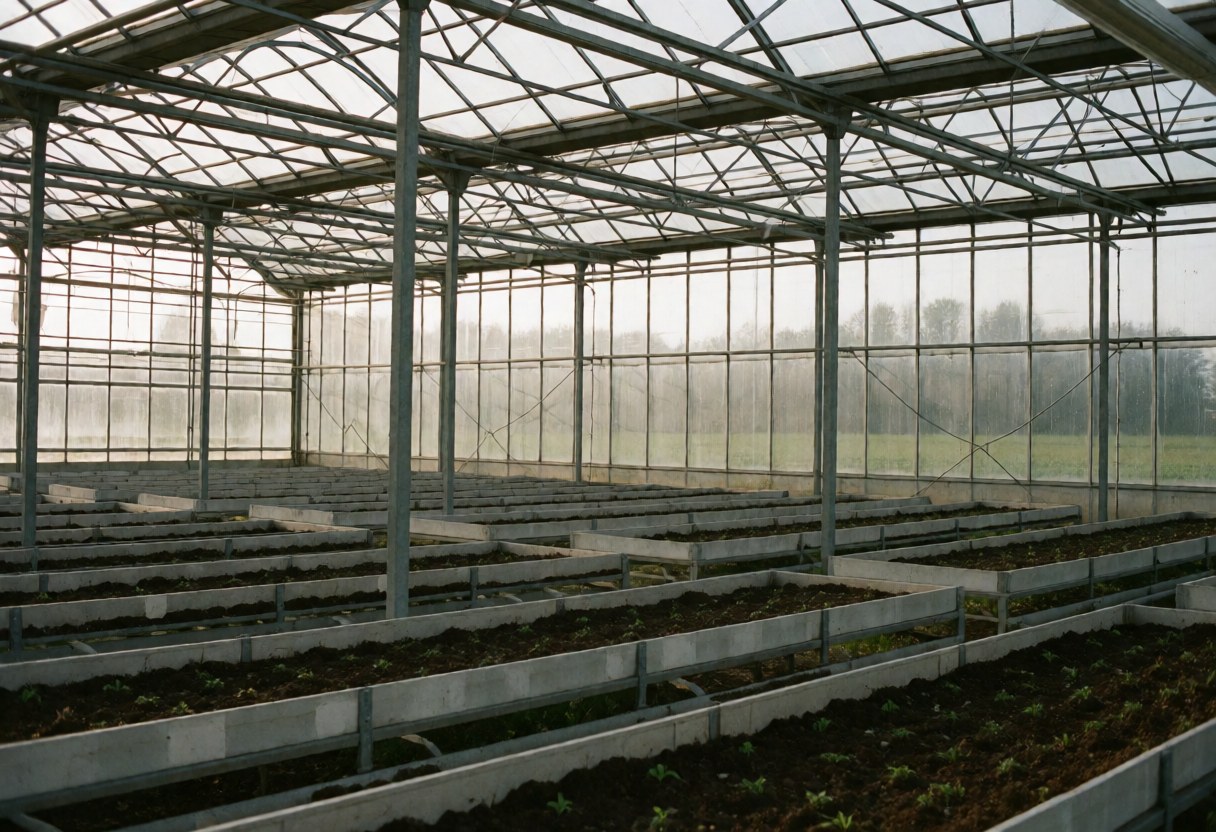 Empty metal greenhouse structure with rows of young plants and natural light filtering through glass walls