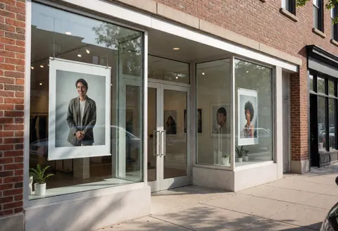 Exterior view of a modern photography studio featuring large windows displaying artistic portraits, brick walls, concrete floor, and an elegant entrance.