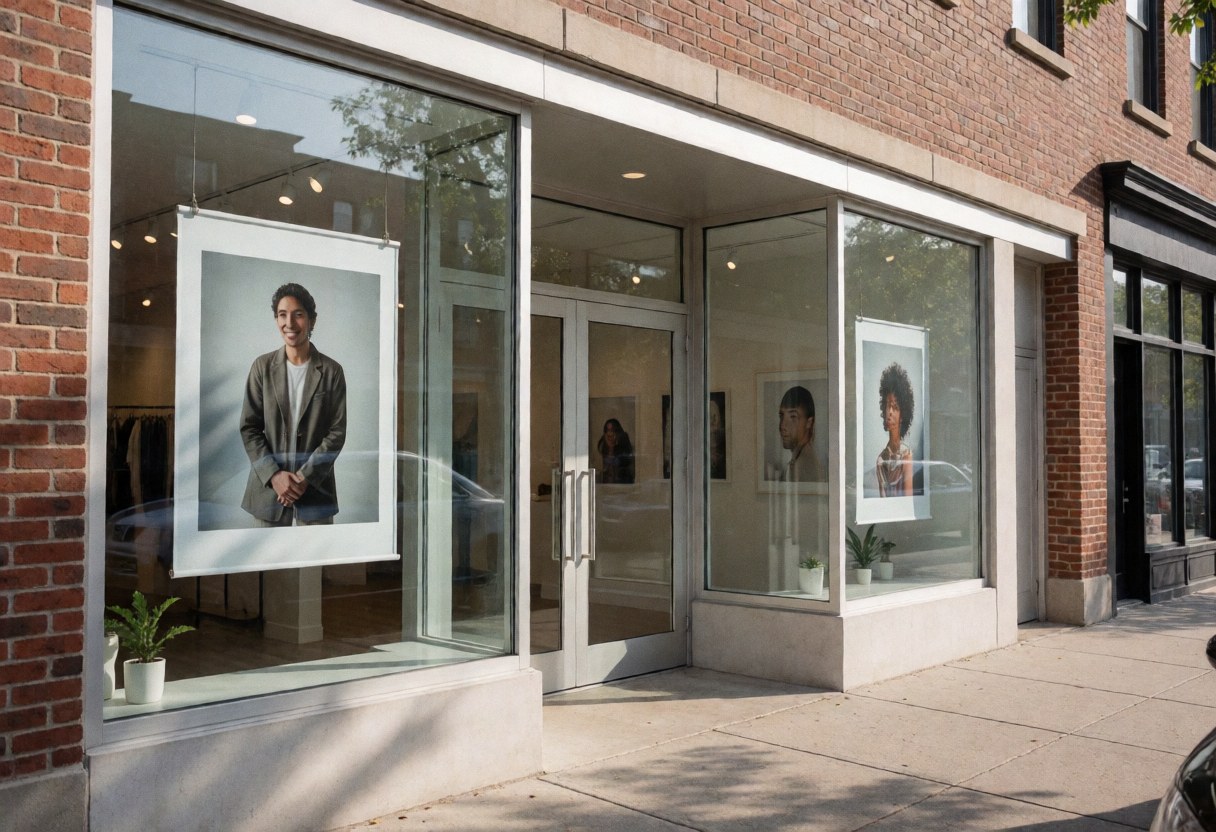 Exterior view of a modern photography studio featuring large windows displaying artistic portraits, brick walls, concrete floor, and an elegant entrance.