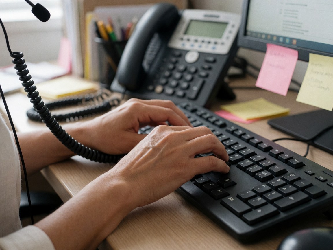 Hands typing on a computer with a phone and sticky notes on the desk.