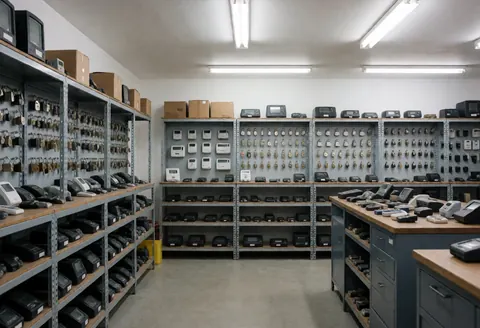 Security warehouse with shelves full of locks, keys, and electronic security components.