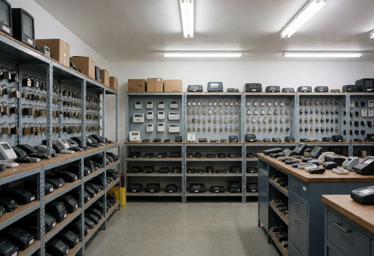 Security warehouse with shelves full of locks, keys, and electronic security components.