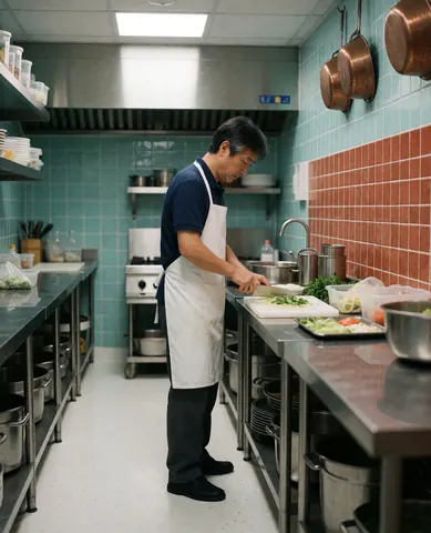 A chef wearing a white apron slices fresh vegetables on a cutting board in a professional catering kitchen with blue walls and red tiles.