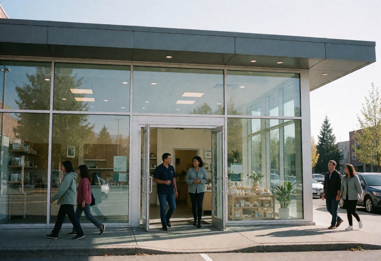 Exterior view of a modern nutrition center with open entrance, people entering and exiting, showing interior shelves and products.