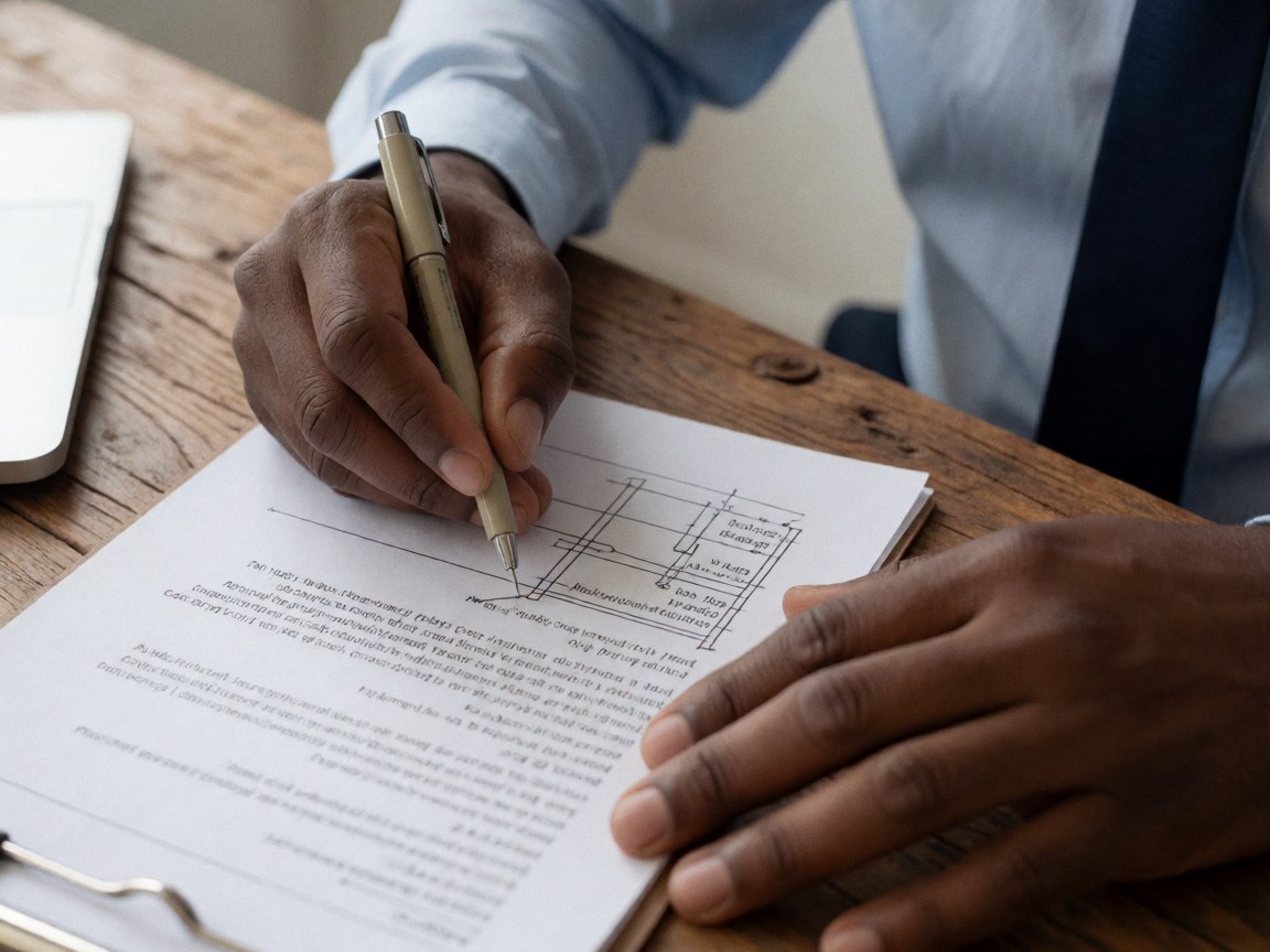 Close-up of a hand using a pen to sign a legal document with text and diagrams on a wooden table