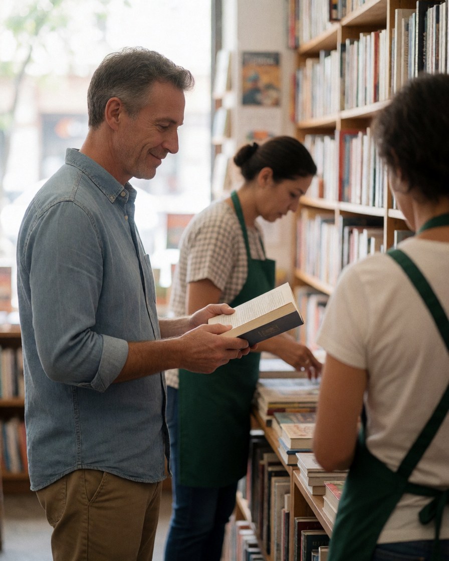 A smiling adult man holding a book in a bookstore with bookshelves and staff working in the background