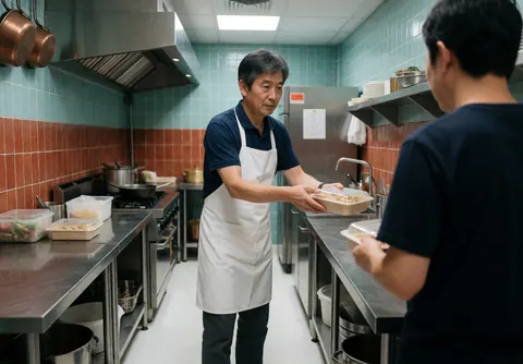 A chef serves packaged meals to a client in a catering kitchen with blue walls and red tiles.