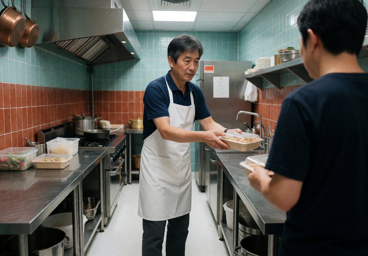 A chef serves packaged meals to a client in a catering kitchen with blue walls and red tiles.