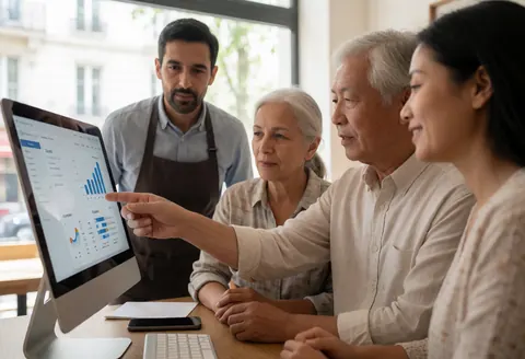 Four people are looking at charts on a computer, one is pointing at a data point on a screen with bar and line graphs.