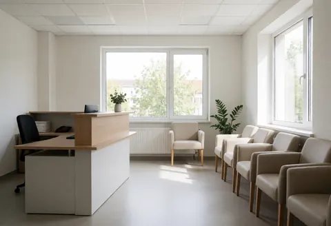 Modern reception with desk, chairs and windows, ready to serve customers.