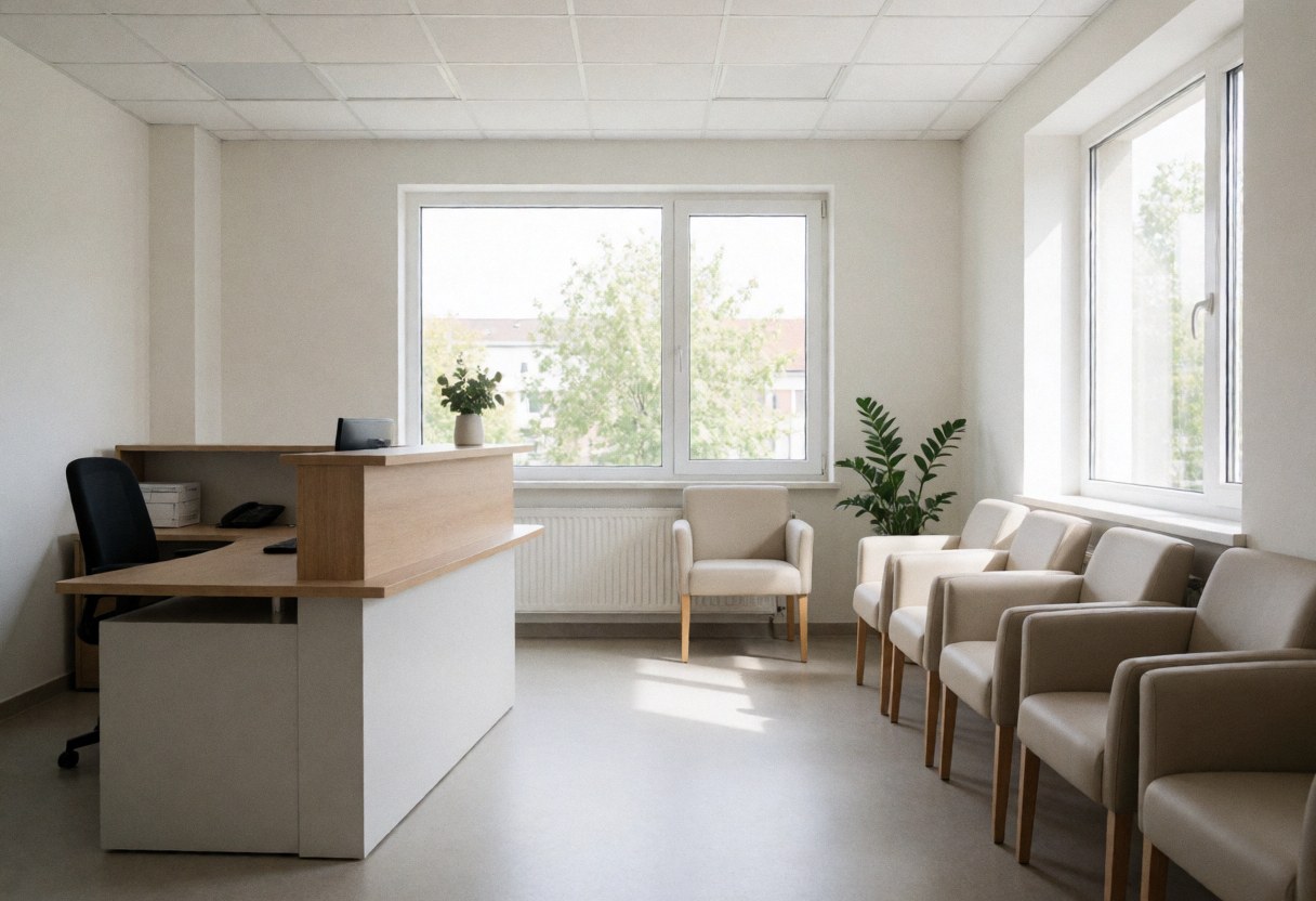 Modern reception with desk, chairs and windows, ready to serve customers.