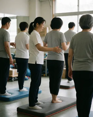 Physical therapist helping older adults do balance exercises in a therapy room.
