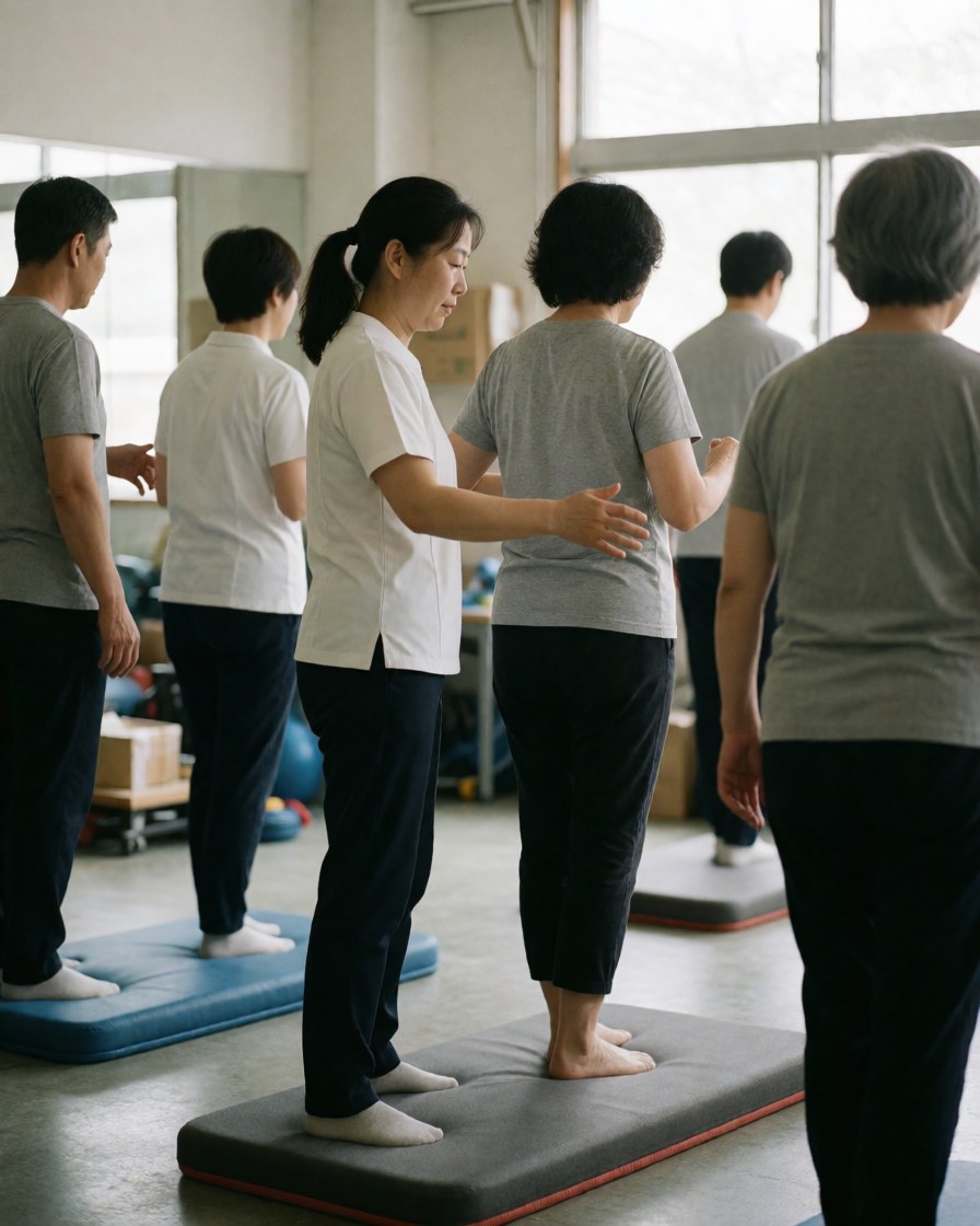 Physical therapist helping older adults do balance exercises in a therapy room.