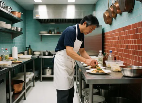 A chef plates dishes in a professional kitchen with tiled walls and hanging utensils.