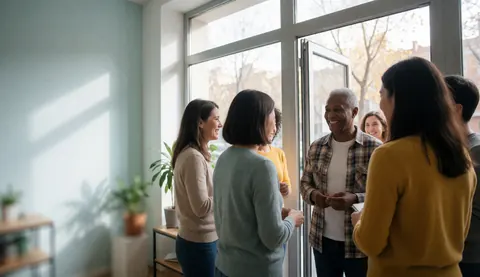A diverse group of adults talking near the entrance of a language school with natural light and a professional atmosphere