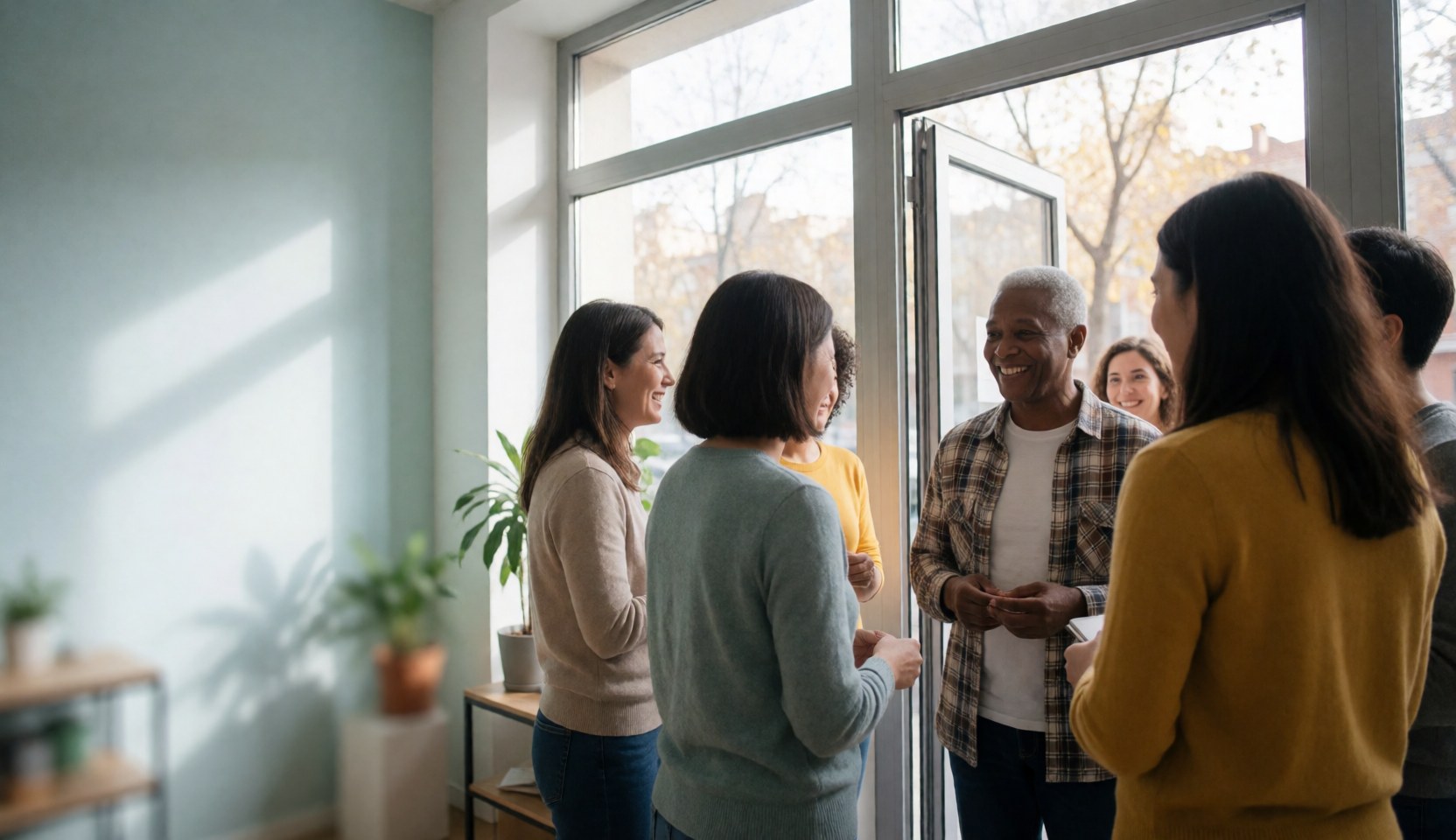 A diverse group of adults talking near the entrance of a language school with natural light and a professional atmosphere