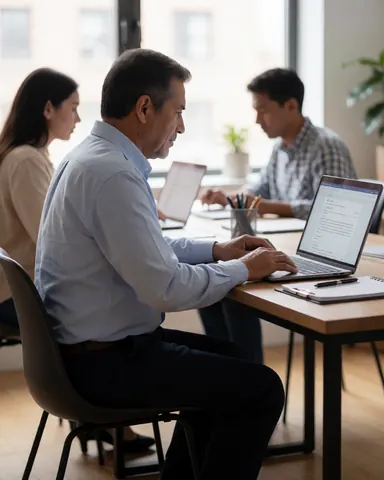 A man uses a laptop computer at an office desk, with two other colleagues working on their laptops in the background.