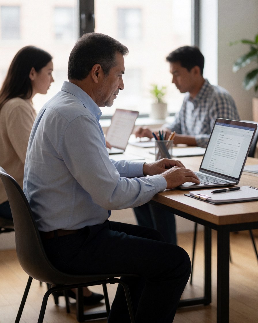 A man uses a laptop computer at an office desk, with two other colleagues working on their laptops in the background.