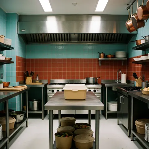 Food containers in a commercial kitchen with red and turquoise tiled walls, stoves and kitchen utensils.
