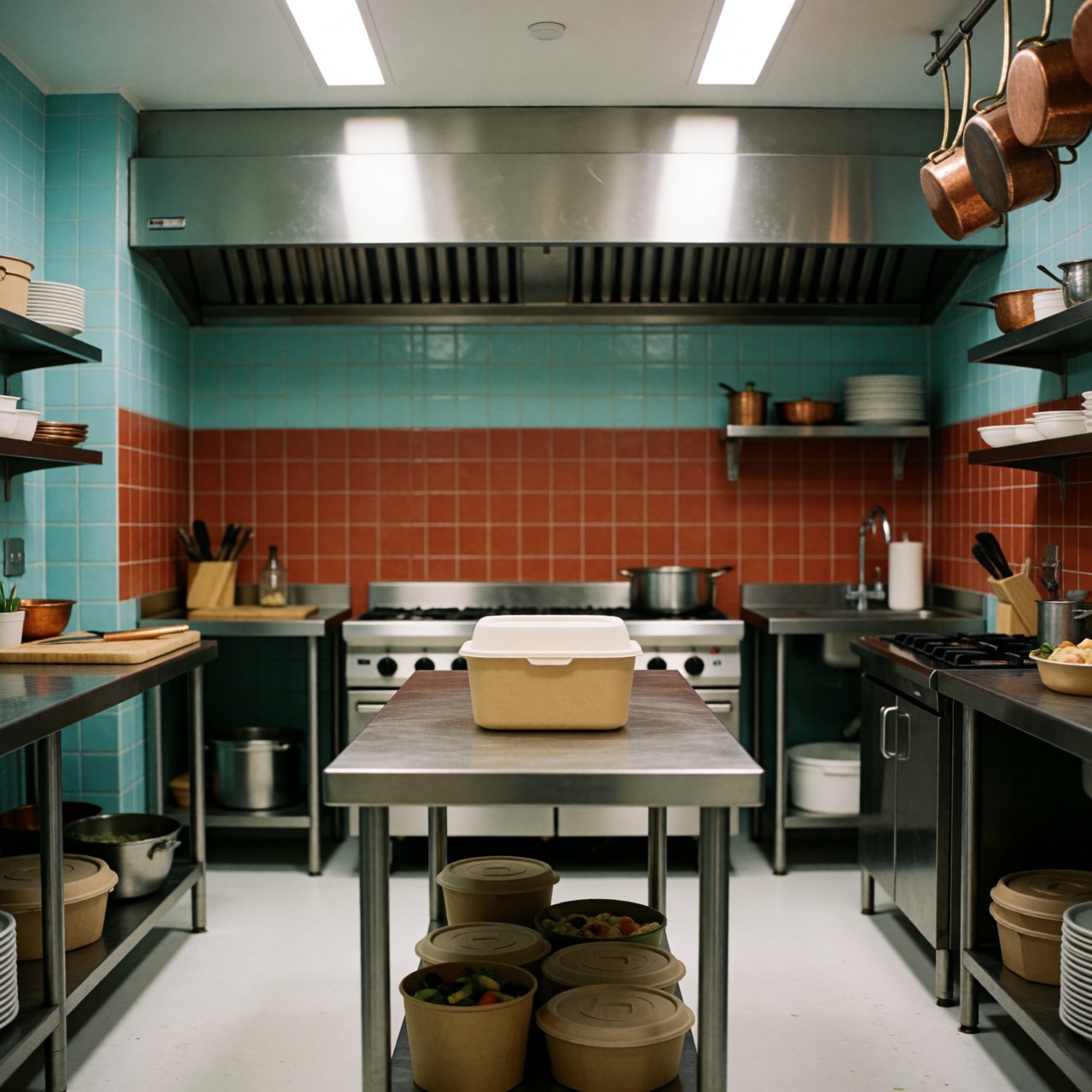 Food containers in a commercial kitchen with red and turquoise tiled walls, stoves and kitchen utensils.