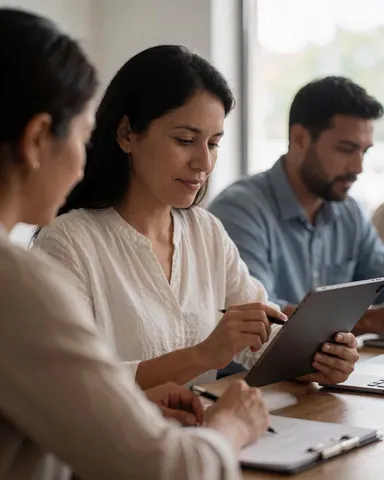 An entrepreneur uses a tablet during a work meeting with other professionals in a coworking space.