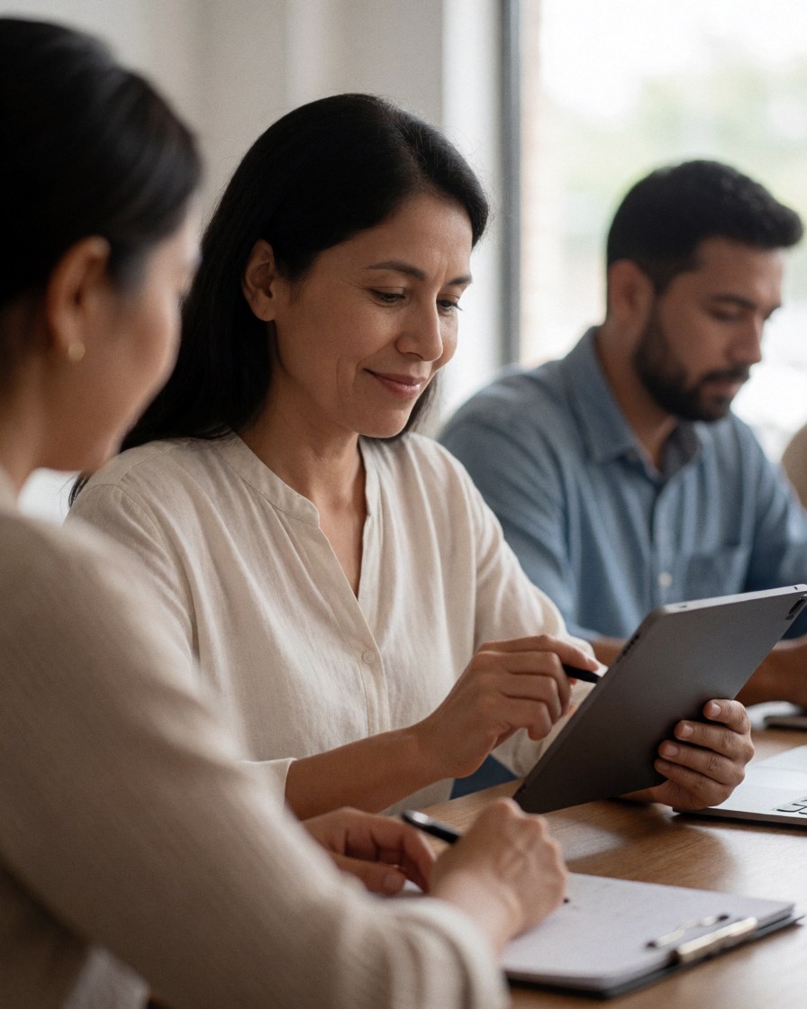 An entrepreneur uses a tablet during a work meeting with other professionals in a coworking space.