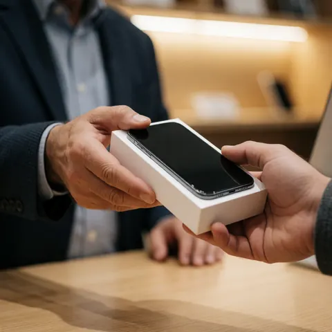 A customer receives a new smartphone in a white box from a seller in a store.