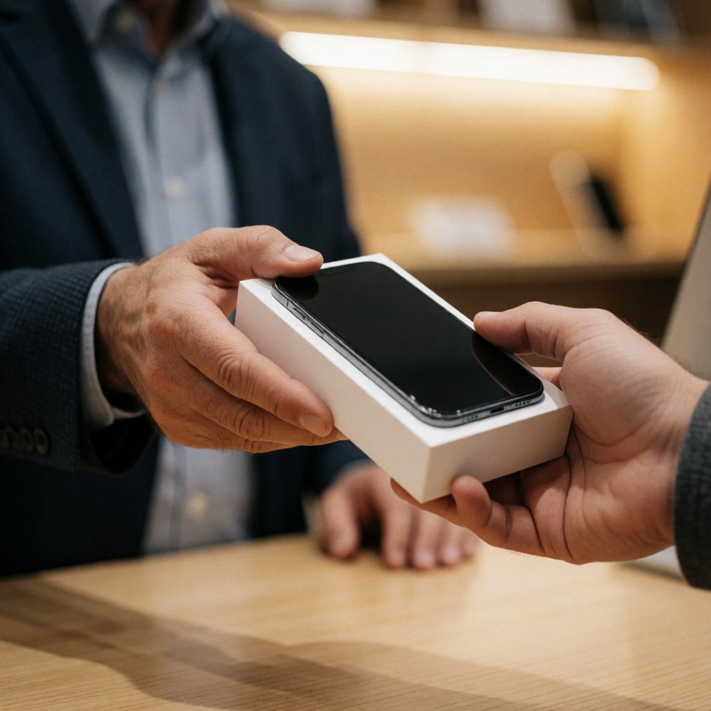 A customer receives a new smartphone in a white box from a seller in a store.