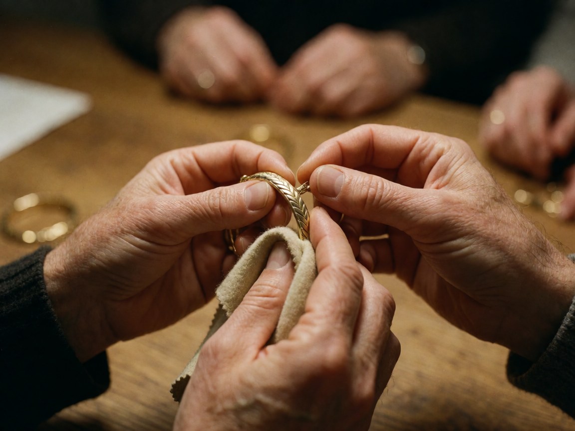 Hands polishing a gold bracelet with a soft cloth on a wooden table.