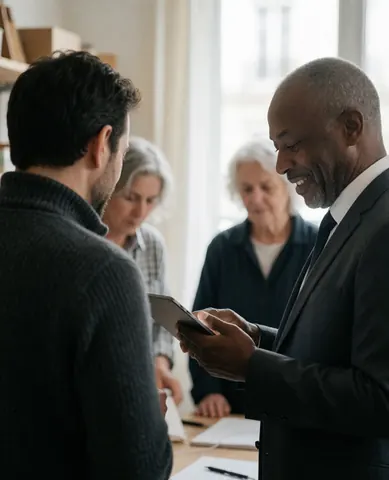 An event coordinator shows something on a tablet to a client during a work meeting in a studio.