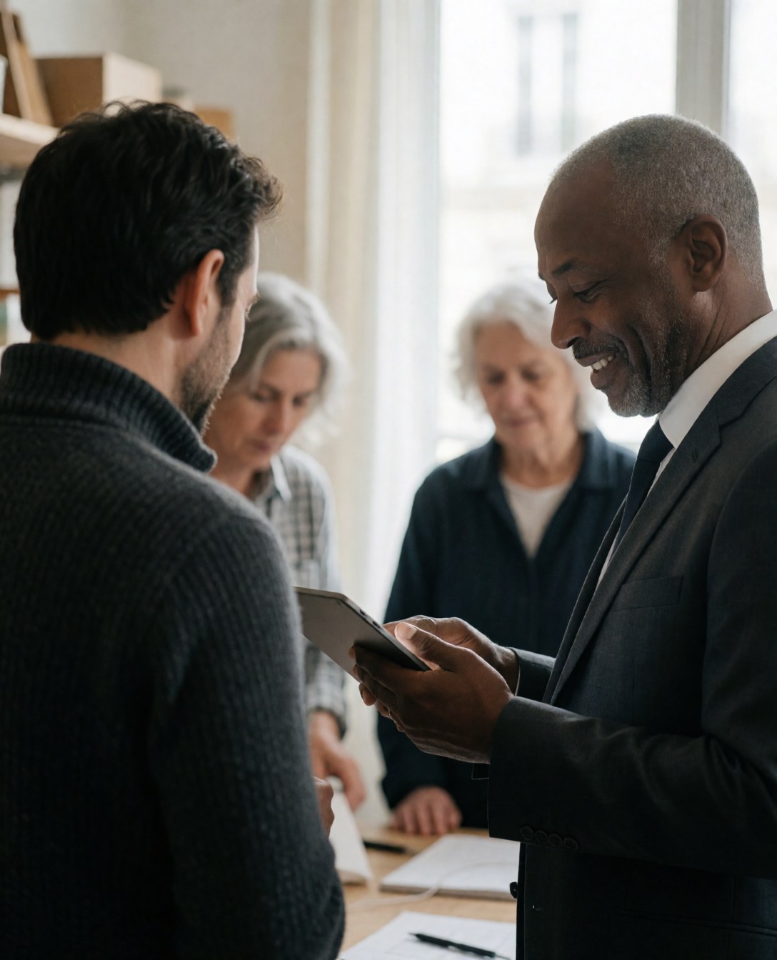An event coordinator shows something on a tablet to a client during a work meeting in a studio.