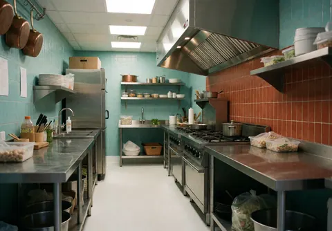 Clean commercial kitchen featuring turquoise walls, red brick backsplash, stainless steel stoves, and utensils ready for catering operations