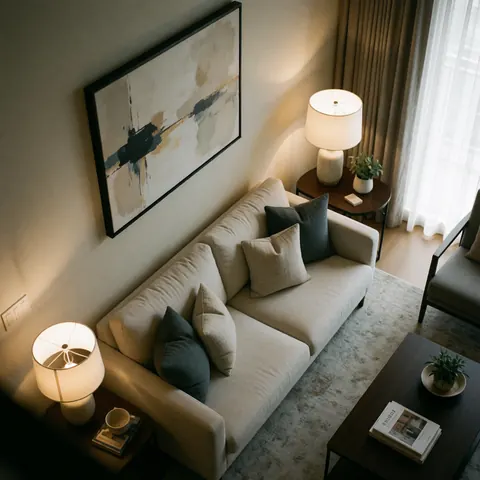 Contemporary living space featuring a beige sofa, abstract wall art, lamps, and plants with warm lighting for interior design