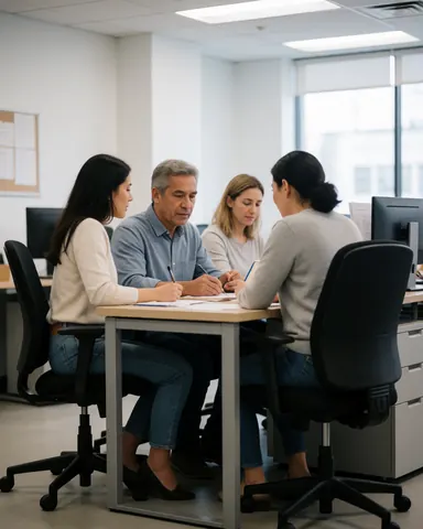 Four people working together at an office desk reviewing documents and writing with computers and chairs around
