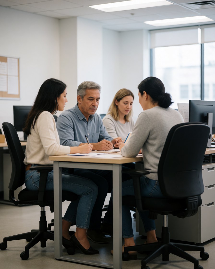 Four people working together at an office desk reviewing documents and writing with computers and chairs around