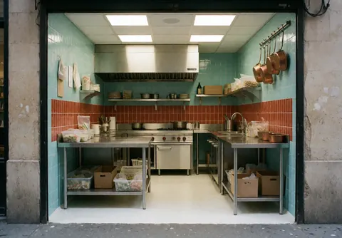 Professional catering kitchen featuring turquoise walls, a red backsplash, commercial stove, grills, and hanging pots.