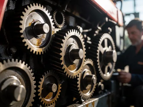Close-up of metal claws with oil stains, dramatic lighting, background with mechanic working in industrial setting