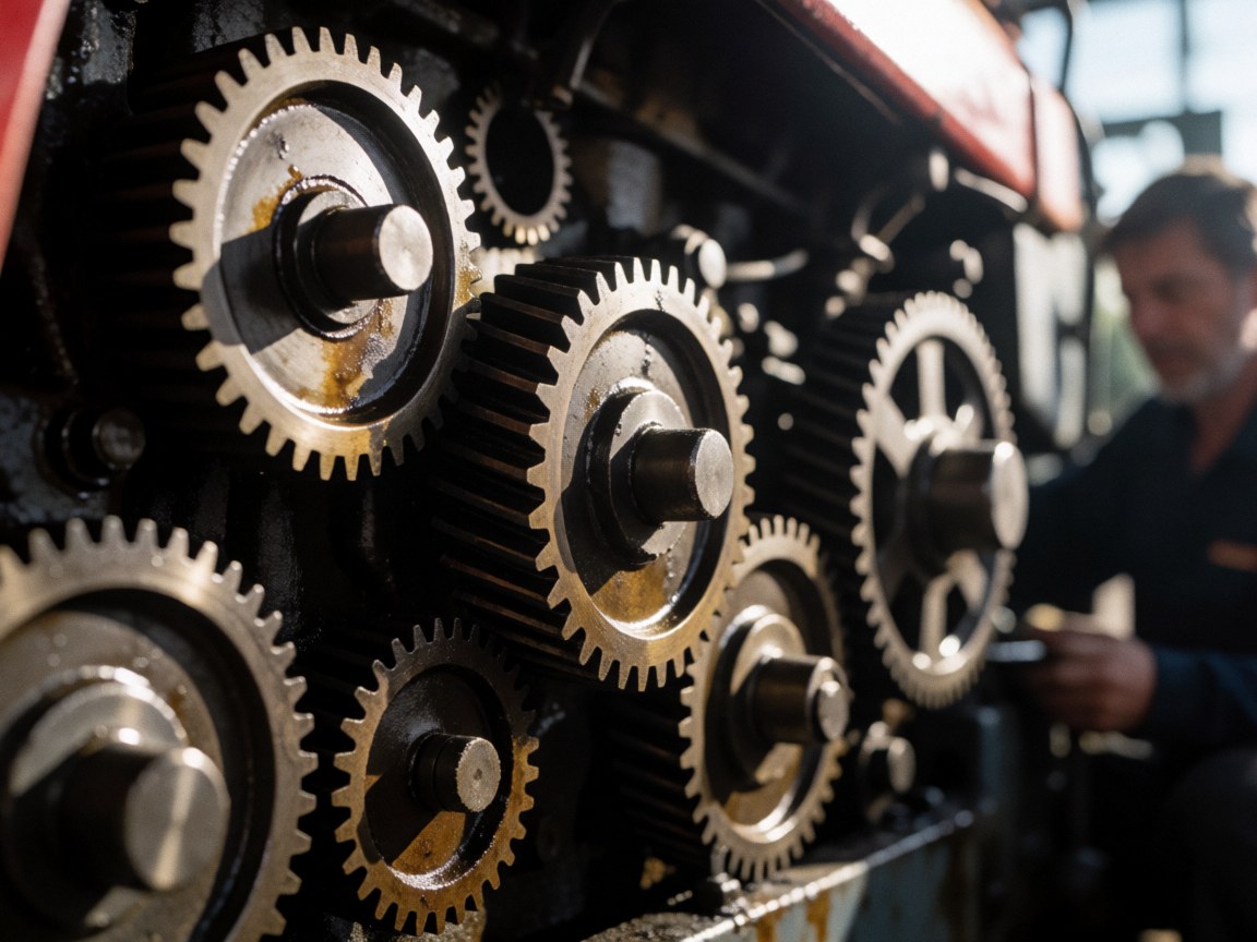 Close-up of metal claws with oil stains, dramatic lighting, background with mechanic working in industrial setting