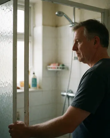 A middle-aged man stands in a functional bathroom, looking at the shower with a satisfied expression after the repair.
