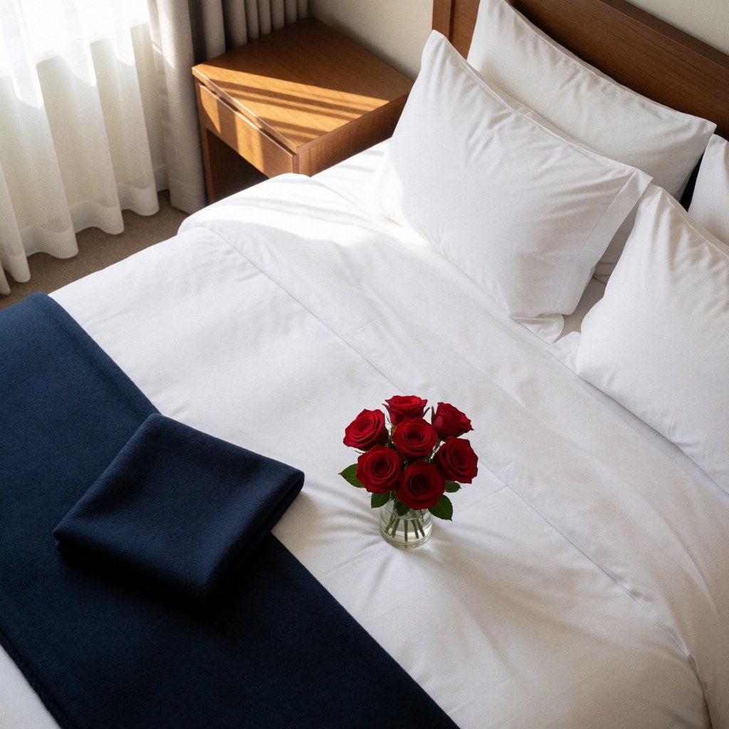 A made bed with white linens, a folded blue cloth, and a vase of red roses placed on top.