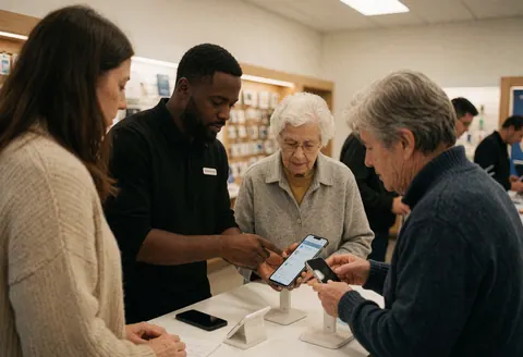 Tech advisor helping two older customers use their phones in a tech store.