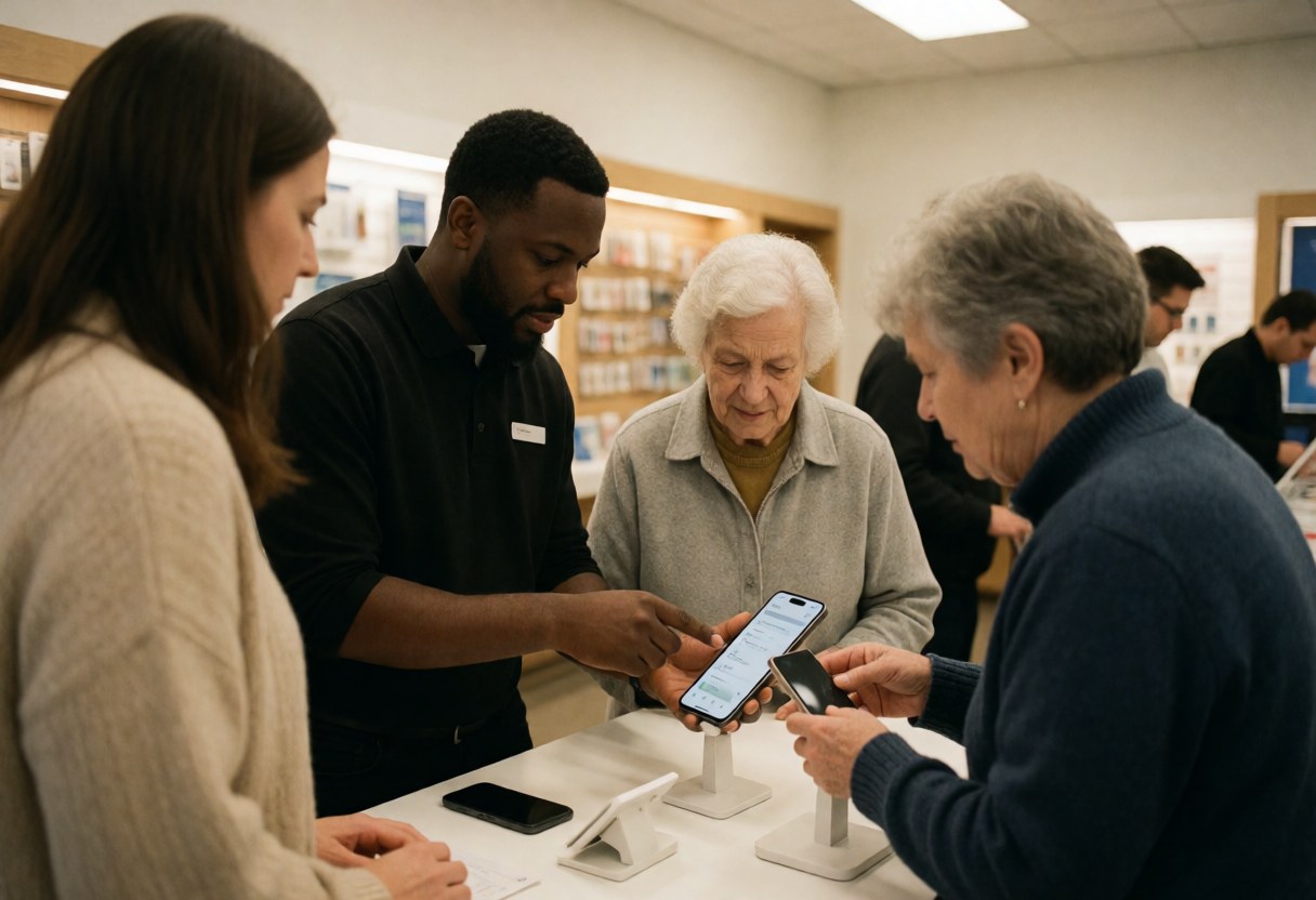 A store advisor demonstrates smartphone features to two older women in a clean electronics shop