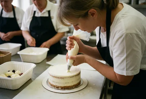 A baker decorates a cake using a piping bag in a professional kitchen with other staff working in the background