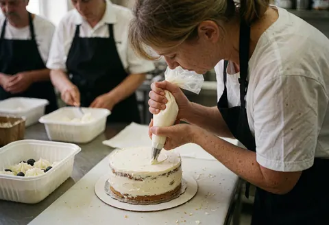 A baker in a black apron and white shirt decorates a cake with a white cream piping bag in a professional kitchen.