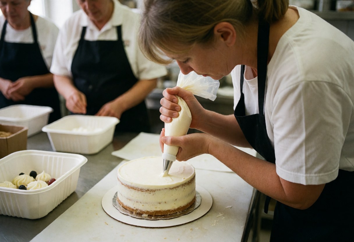 A baker decorates a cake using a piping bag in a professional kitchen with other staff working in the background