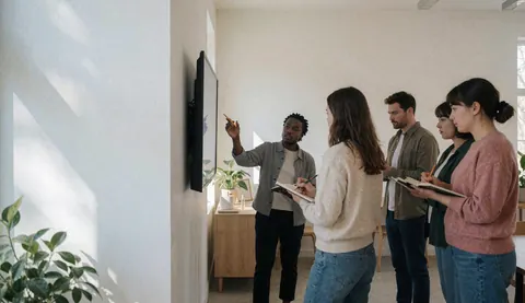 An instructor teaches a group of students in front of a screen, all taking notes with notebooks and pens.