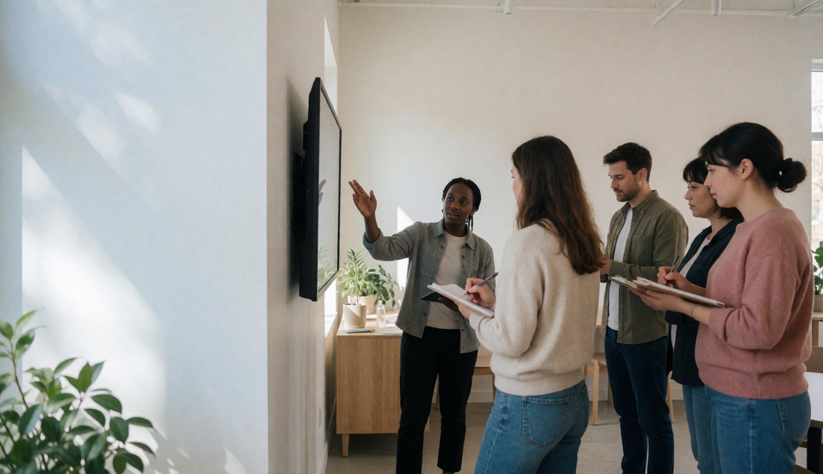 Instructor teaching on a digital screen while students take notes in notebooks in a bright modern room with plants and wooden furniture